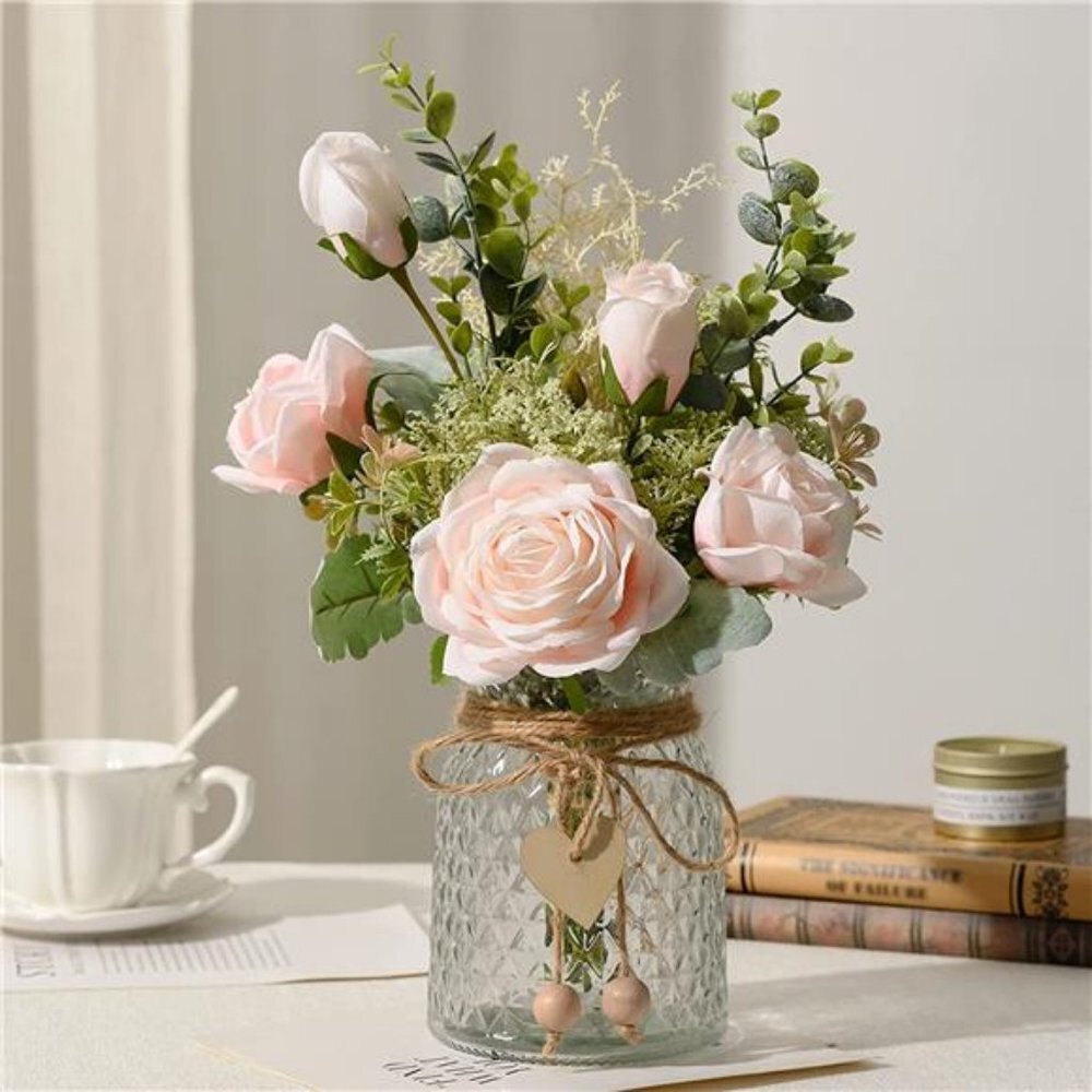 Artificial Flowers Silk Roses Flower Bouquet in Vase, Faux Flower (Pink)